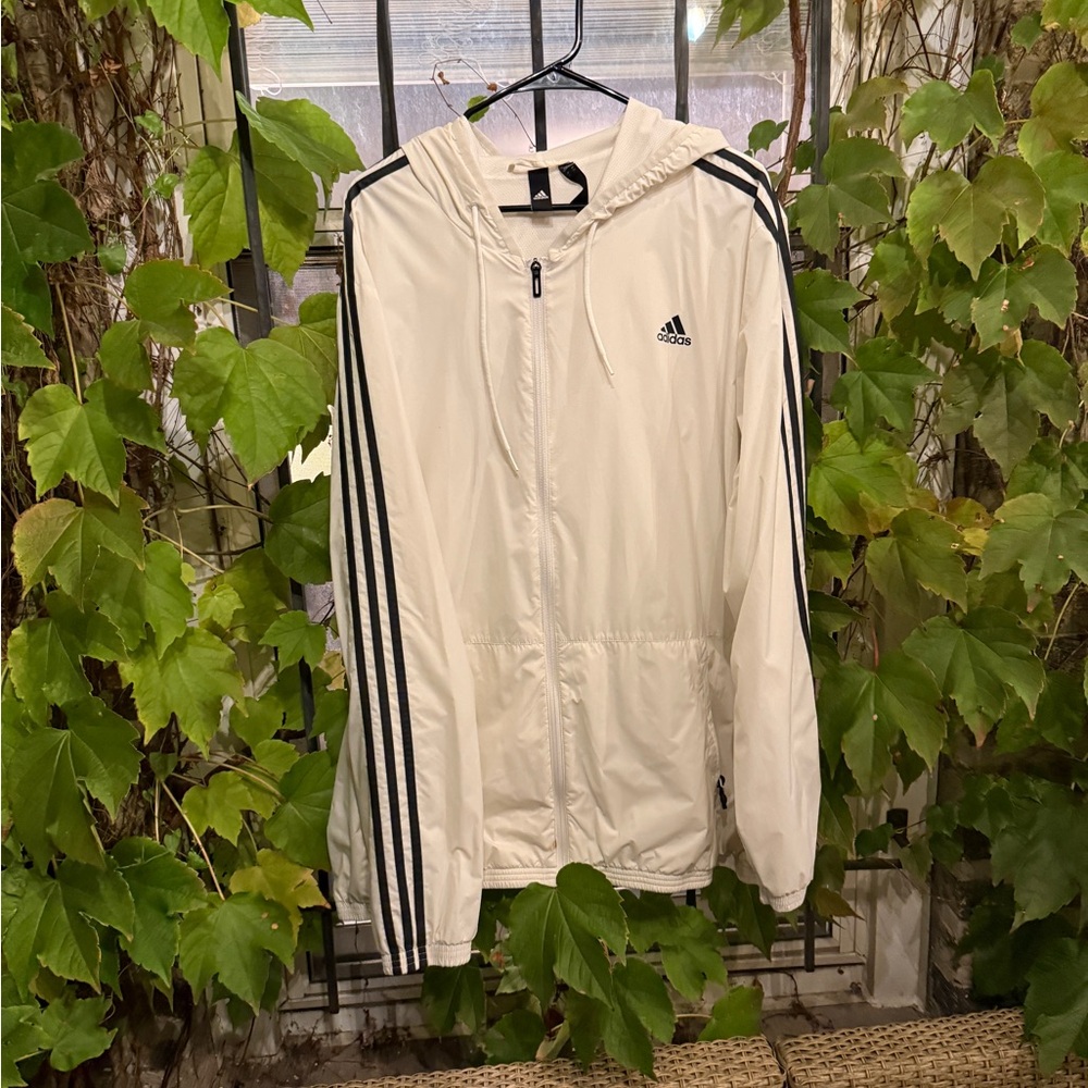 White Adidas windbreaker jacket with hood